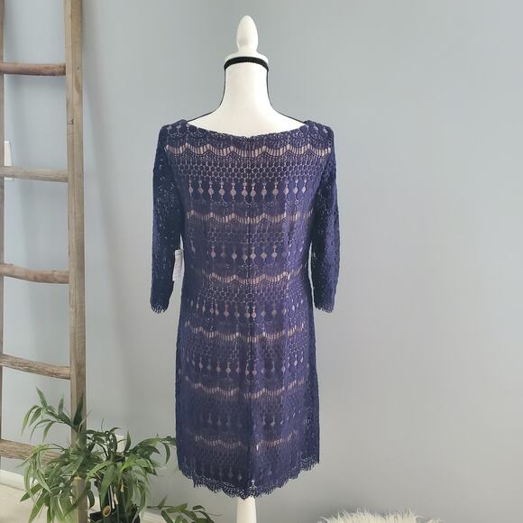 Established 1962 Women's Navy Blue Lace Overlay Shift Dress 12P - Picture 2 of 9